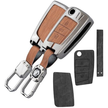 SHOPOFLUX Metal Key Cover Compatible for Skoda & Volkswagen Cars Kylaq | Slavia | Kushaq | Octavia | Virtus | Taigun | Tiguan | T Roc 3 Button Flip Key (Leather Black Brown) Shopoflux