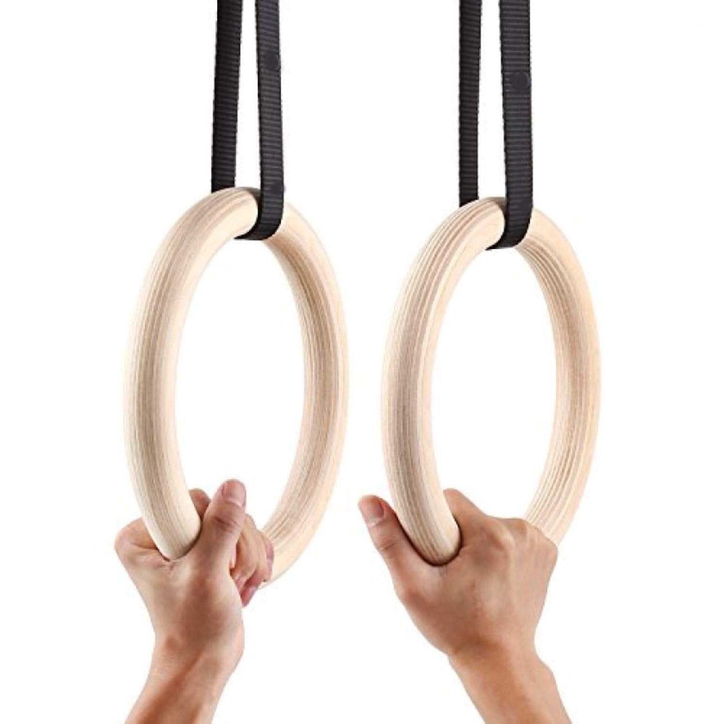 SHOPOFLUX Gymnastic Wooden Rings with Heavy Duty Adjustable Strap | Roman Rings Perfect for Calisthenics Competition and Conditioning Training