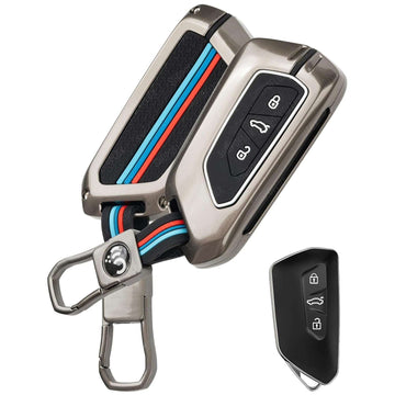 SHOPOFLUX Metal Key Cover Compatible for Skoda Octavia 3 Button Smart Key Black