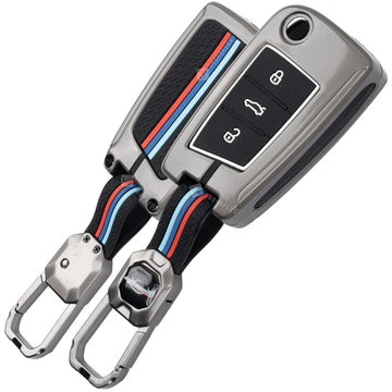 SHOPOFLUX Metal Key Cover Compatible for Skoda & Volkswagen Cars Slavia | Kushaq | Octavia | Virtus | Taigun | Tiguan | T Roc 3 Button Flip Key Black
