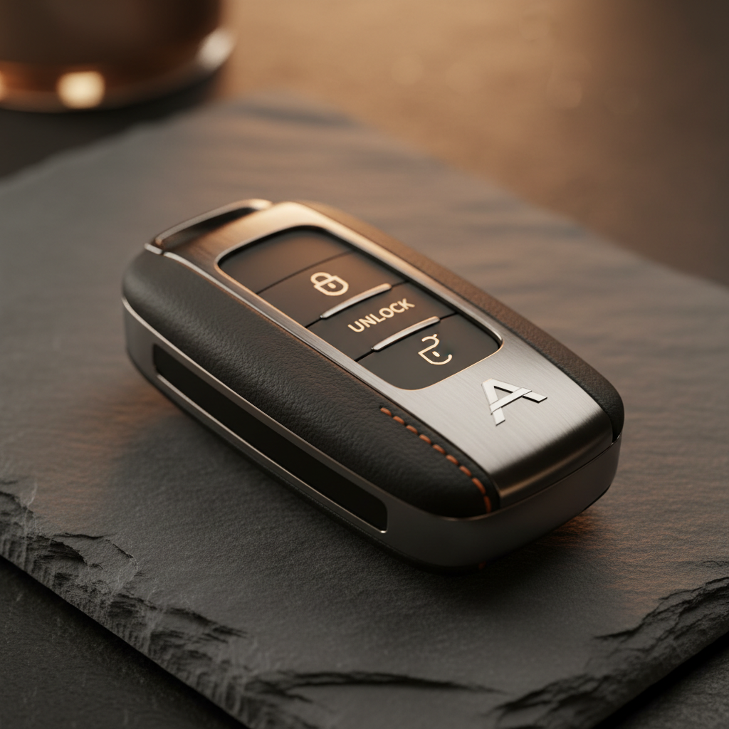 A stylish car key fob with a protective cover sits on a dark, textured surface.