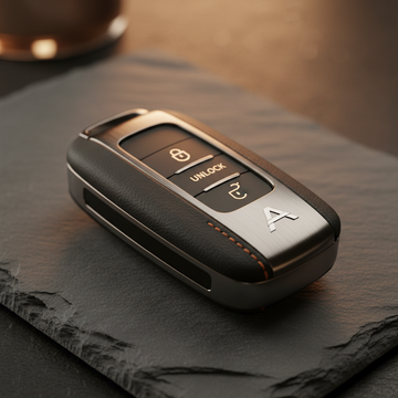 A stylish car key fob with a protective cover sits on a dark, textured surface.