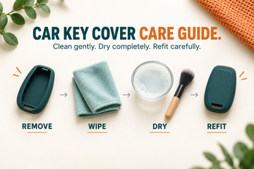 Car key cover care guide showing remove, wipe, dry and refit steps