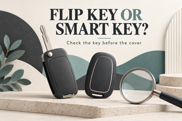 Conceptual illustration of a folding-blade key and a smart-key fob beside a magnifying glass