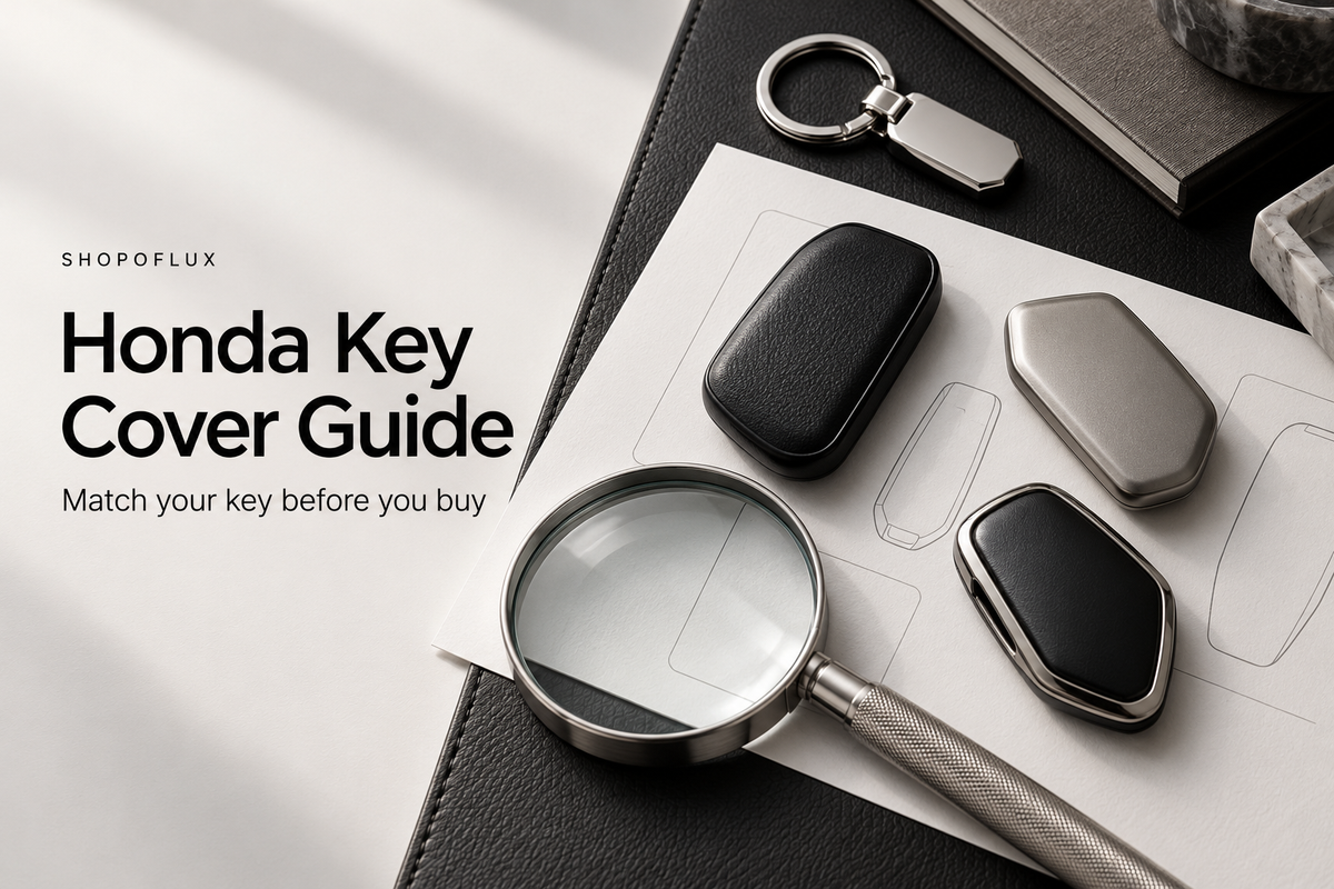 Conceptual Honda key-cover buying guide with abstract fob shapes and a magnifying glass