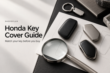 Conceptual Honda key-cover buying guide with abstract fob shapes and a magnifying glass