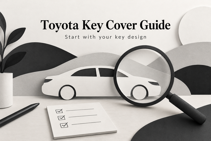 Conceptual Toyota key-cover shopping illustration with a car silhouette, magnifying glass and checklist