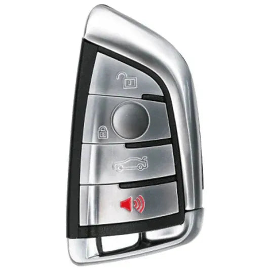BMW B1 four-button smart key with an angled silver frame, silver button panels, circular centre and red alarm symbol