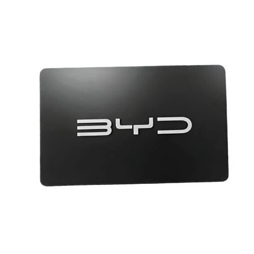 Black rectangular BYD key card with rounded corners and a silver BYD wordmark
