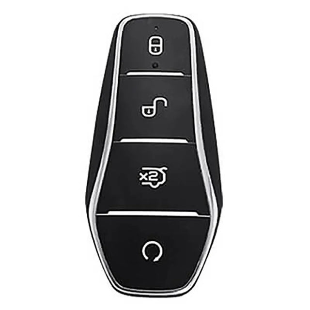 BYD elongated black four-button smart key with silver outer trim and horizontal silver dividers