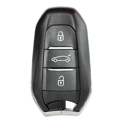 Citroen three-button smart key with a textured black body, stacked lock, boot and unlock buttons and silver lower trim