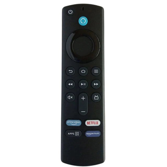 Fire TV remote design with a blue voice button, circular navigation control and streaming shortcuts