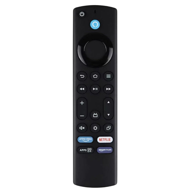 Amazon Basics Fire-2 remote design with a blue voice button, circular navigation control and app shortcuts