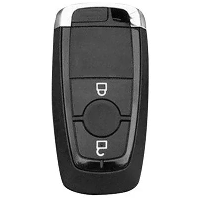 Ford two-button smart key with a black body, silver top, lock and unlock buttons and a circular centre panel