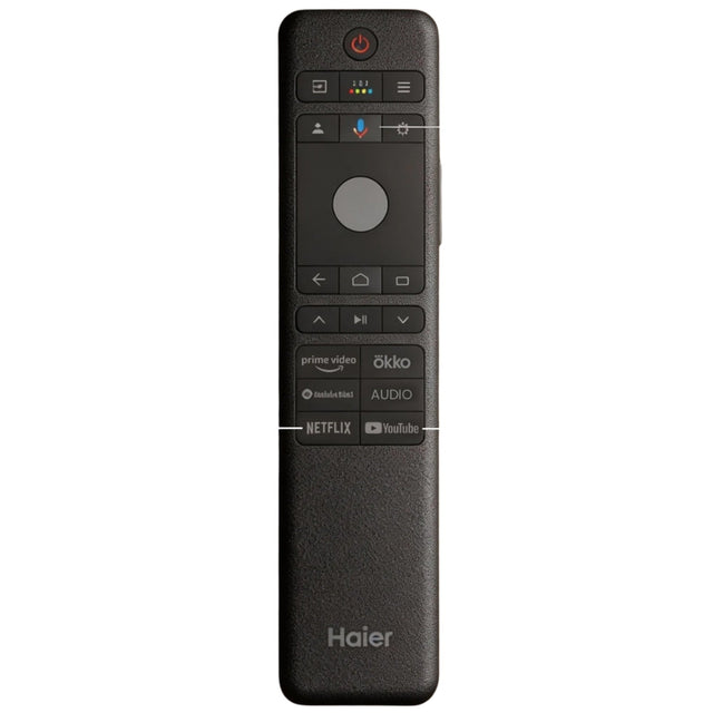 Haier-4 remote design with a silver circular navigation button and stacked streaming shortcut buttons