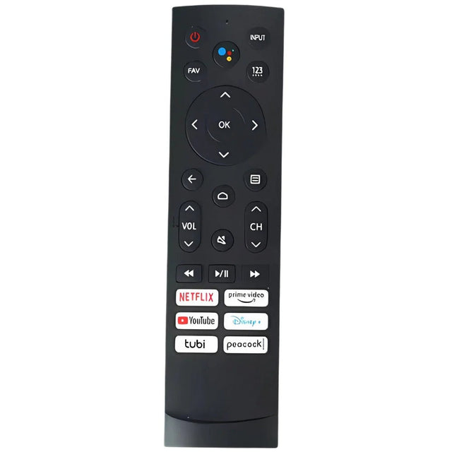Hisense HIS-1 remote design with arrow navigation, volume and channel rockers and four streaming shortcuts