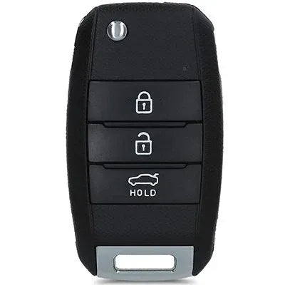 Older Kia three-button flip key with front lock, unlock and boot buttons and a blade-release button
