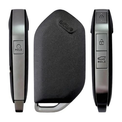 Kia Syros-style smart key shown from the front and both sides, with three buttons on one edge and one on the other