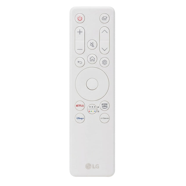 White LG LG-5 Smart Monitor remote design with circular navigation, volume rocker and app shortcut buttons