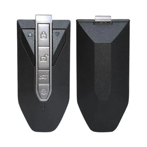 Mahindra MAH-9 six-button smart key shown from the front and back, with a silver central button strip and two upper side buttons