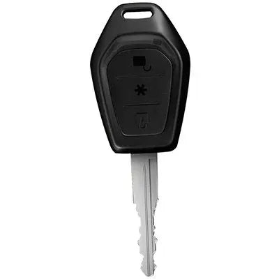 Mahindra TUV300 remote key with a black shaped head, three front buttons and an exposed metal blade