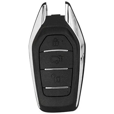 Mahindra XUV500 smart key with three black front buttons and a silver frame extending above the key body