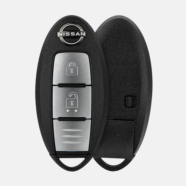 Front and back of a Nissan two-button smart key with an oval black body, silver front button panel and lower key-ring opening