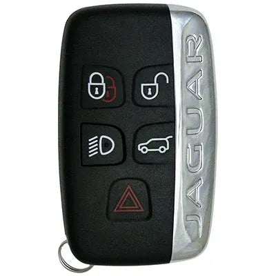 Jaguar R1 black five-button smart key with lock, unlock, light, boot and alarm symbols and a silver Jaguar side strip