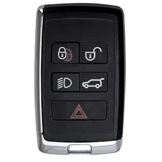 Land Rover R2 rectangular black five-button smart key with two rows of buttons above an alarm triangle and silver lower trim