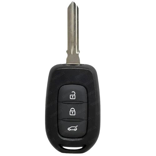 Renault three-button key with a rounded black head, exposed metal blade and vertically stacked unlock, lock and boot buttons