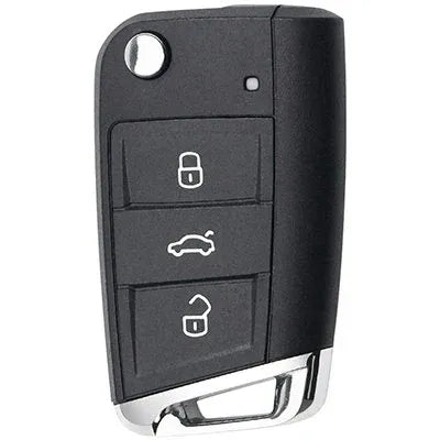 Skoda three-button flip key with a round blade-release button, black lock, boot and unlock buttons and silver lower loop