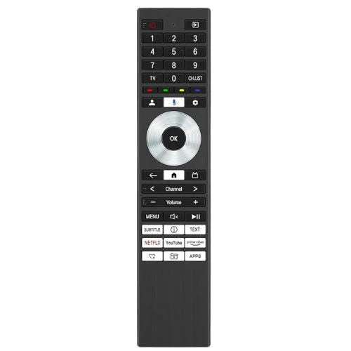 Toshiba TOS-1 remote design with a number keypad, white OK navigation ring and lower playback buttons