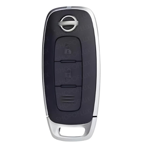 Nissan NIS-2 black two-button smart key with a silver border, Nissan emblem and silver lower key-ring loop