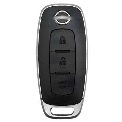 Nissan NIS-3 black three-button smart key with a silver border, Nissan emblem and silver lower loop