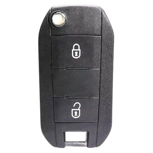 Citroen black two-button flip key with lock and unlock symbols and a round silver blade-release button