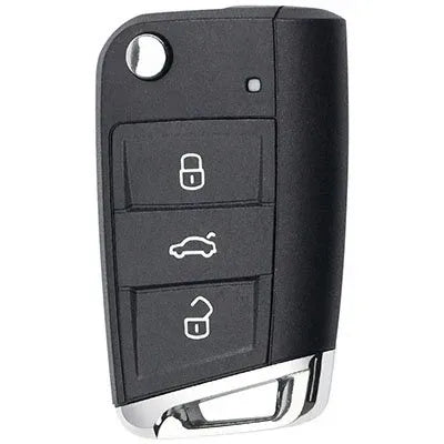 Volkswagen three-button flip key with lock, boot and unlock symbols, a round blade-release button and silver key-ring loop