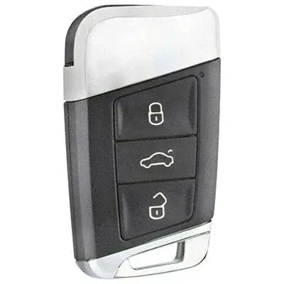 Three-button smart key with black lock, boot and unlock buttons, a wide silver top and silver key-ring loop