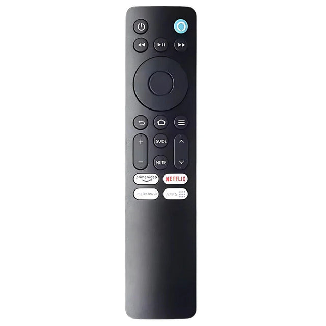 Redmi Fire TV XMI-1 remote design with a blue voice button, circular navigation control and streaming shortcuts