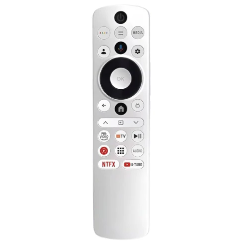 White Haier-1 remote design with circular navigation, voice control and streaming shortcut buttons