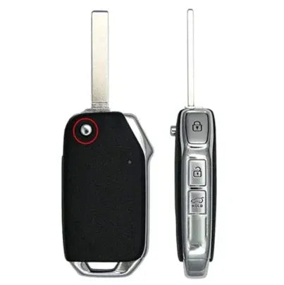Kia three-button flip key shown from the front and side with an extended blade and side-mounted buttons