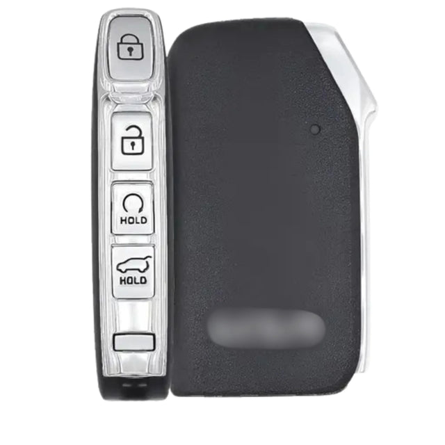Kia four-button smart key shown from the front and side, with lock, unlock, engine-start and boot buttons along one edge