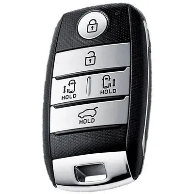 Older Kia Carnival five-button smart key with lock, unlock, two sliding-door buttons and a boot button