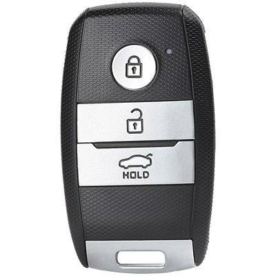 Older Kia Seltos-style three-button smart key with a round lock button above unlock and boot buttons