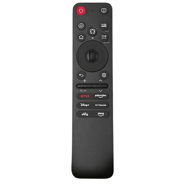 LG LG-3 remote design with circular navigation, a central scroll wheel and streaming shortcut buttons