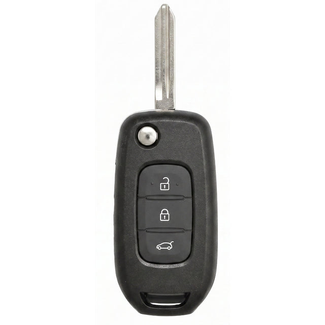 Renault Duster REN-6 flip key with an extended blade, three black buttons and a round silver blade-release button