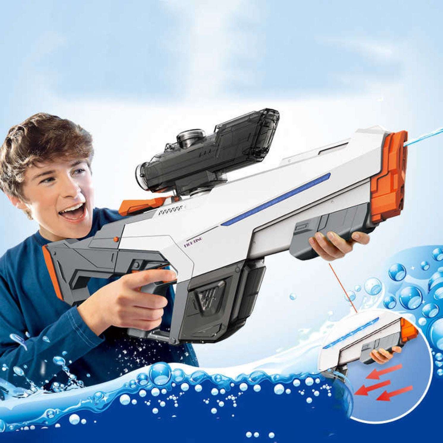 SHOPOFLUX Electric Water Gun Toy with Automatic Water Absorption, Long Range, Rapid Fire