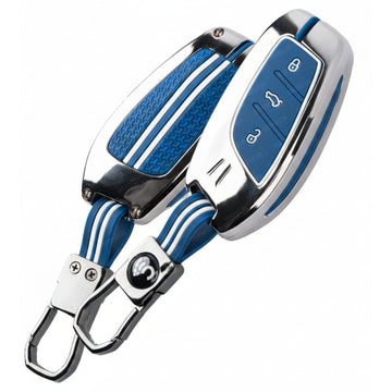 SHOPOFLUX Metal Key Cover Compatible with MG ZS EV Electric | Astor 3 Button Smart Key (Metal Silicone Blue)