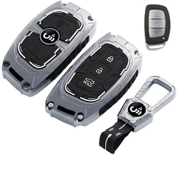 SHOPOFLUX Metal Key Cover for Hyundai Grand i10 NIOS Asta | Venue | i20 | Aura | Exter | Creta | Elantra 3 Button Smart Key Only (Metal Black Silicone) Shopoflux