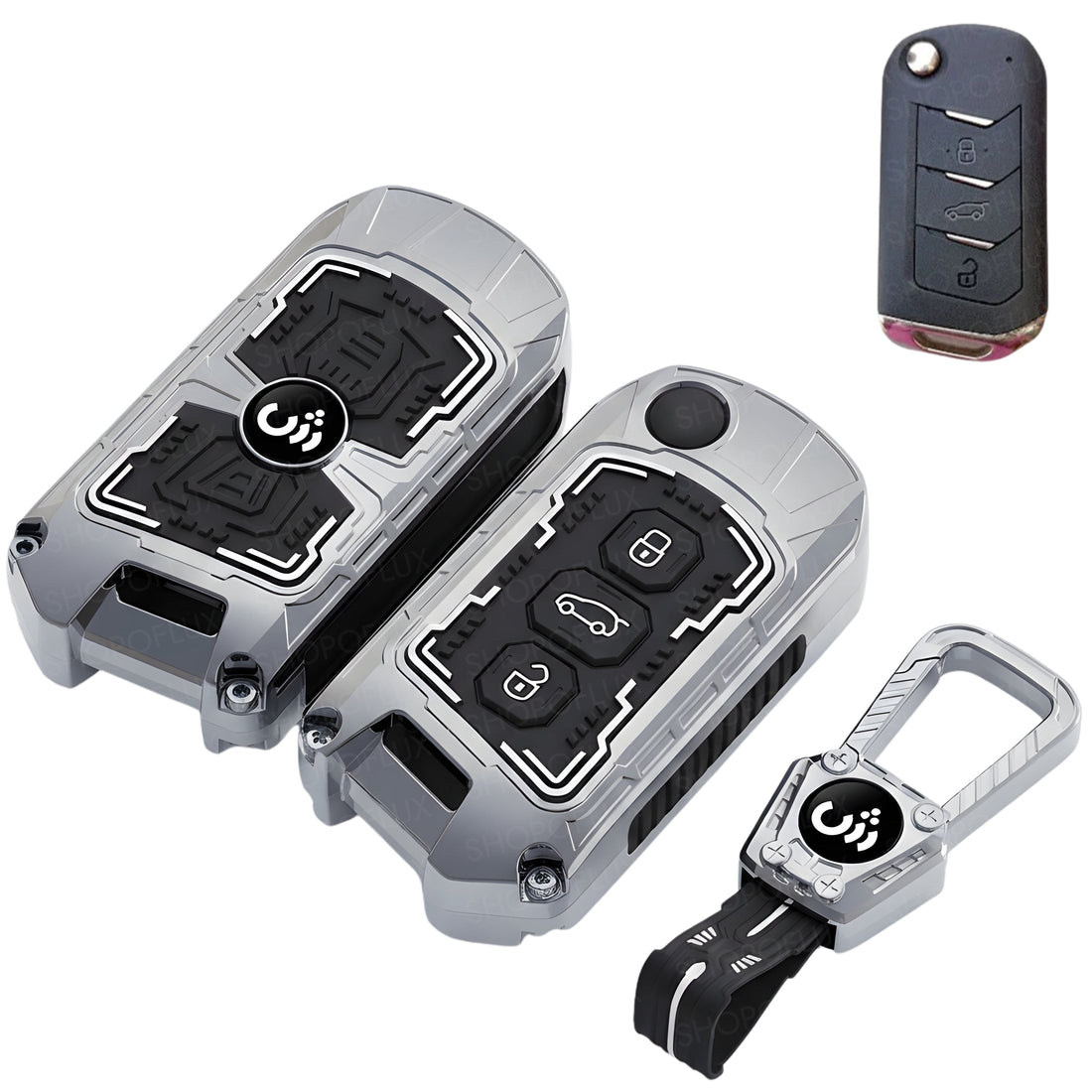 SHOPOFLUX Metal Key Cover Compatible with Mahindra Scorpio N | 3XO | XUV 300 | Marazzo | XUV 700 | XUV 400 ev | Bolero | Thar Roxx 3 Button Flip Key (Metal Silicone Black) Shopoflux