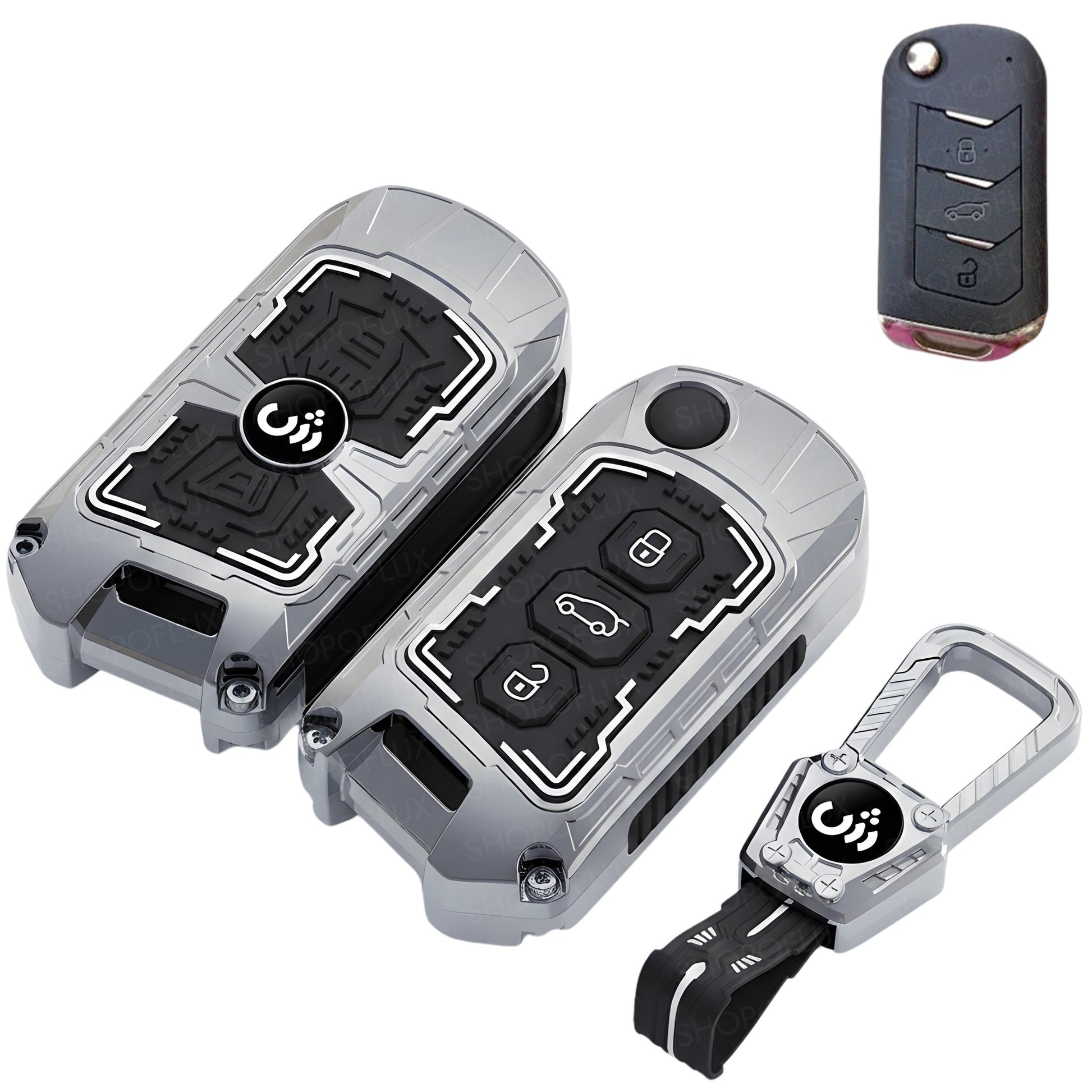 SHOPOFLUX Metal Key Cover Compatible with Mahindra Scorpio N | 3XO | XUV 300 | Marazzo | XUV 700 | XUV 400 ev | Bolero | Thar Roxx 3 Button Flip Key (Metal Silicone Black) Shopoflux